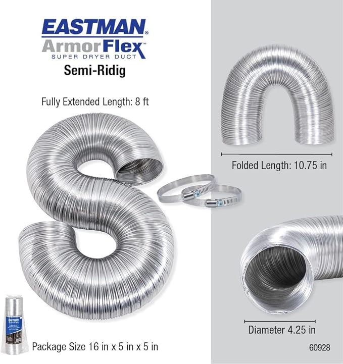 Eastman 8 Foot ArmorFlex Dryer Vent, Flexible Aluminum Duct with Clamps, Semi-Rigid, 69028