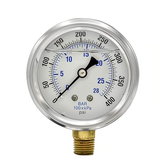 PIC Gauges PRO-201L-254I Bottom Mount Glycerin Filled Dual Scale Pressure Gauge w/ SS Case/Bezel, Brass Internals, Plastic Lens, 2.5" Dial, 0-400 psi Range, 1/4" Male NPT