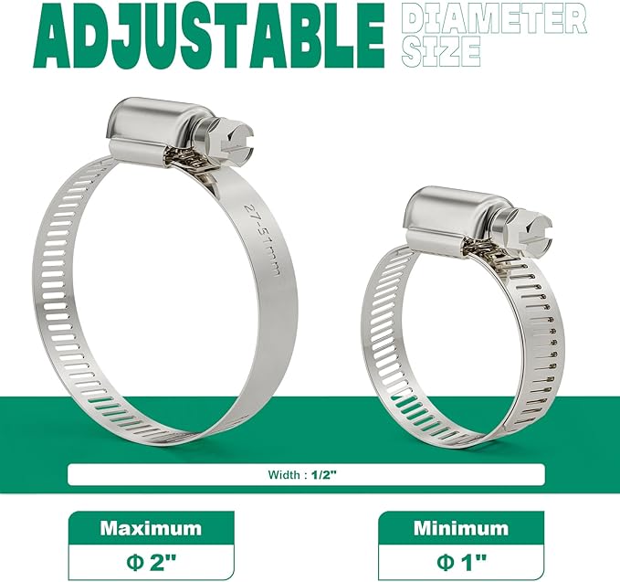 10PCS Hose Clamps Stainless Steel Adjustable 1"–2"(27-51mm) Worm Gear Hose Clamp, Heavy Duty Metal Small Hose Clamps for Automotive, Pipe, Radiator Plumbing, Fuel Line