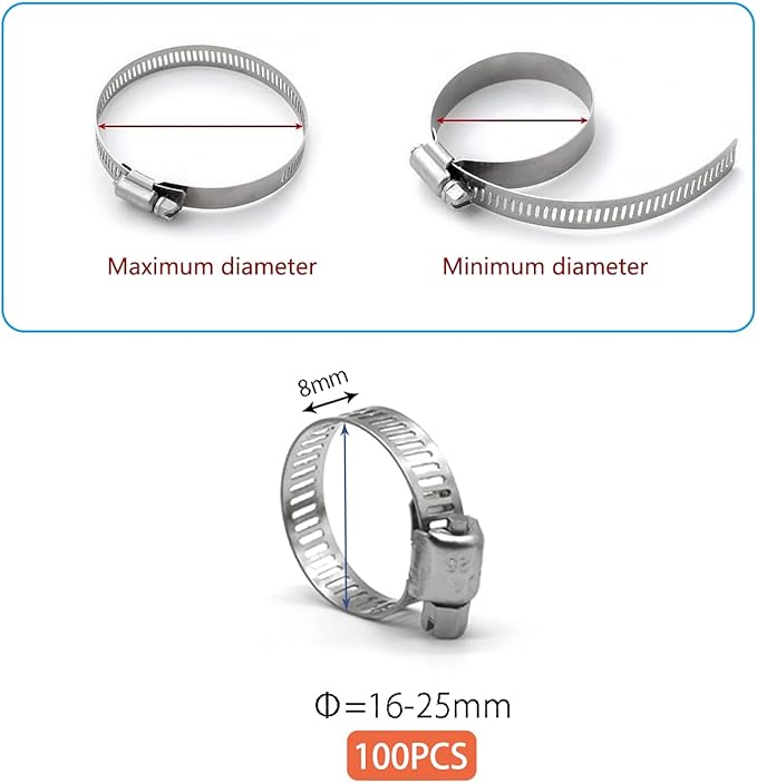 Hose Clamp, 100 Pack Stainless Steel Hose Clamps Worm Gear Fuel Line Pipe Clamps, 16-25mm (5/8-1 inch)