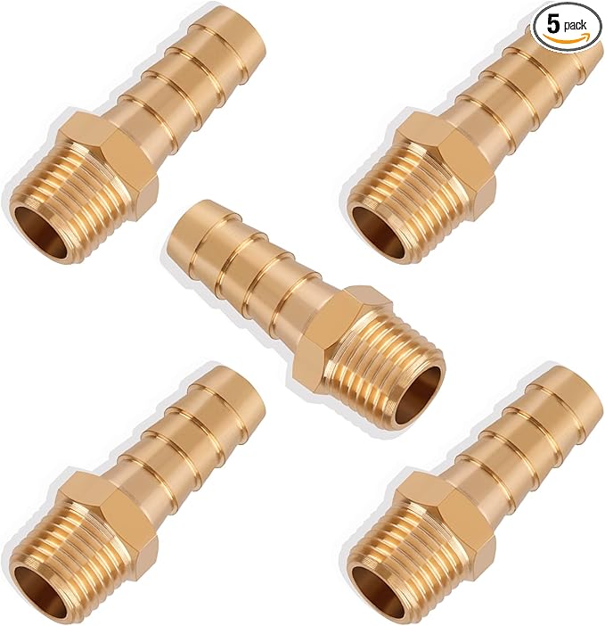 5pcs Brass Hose Barb Fittings 3/8 Inch Barb to 1/4 Inch NPT Male Thread Air Hose Fittings Adapter Connector Water Fuel Air Line Fittings 3/8” Barb × 1/4” NPT Brass Fittings