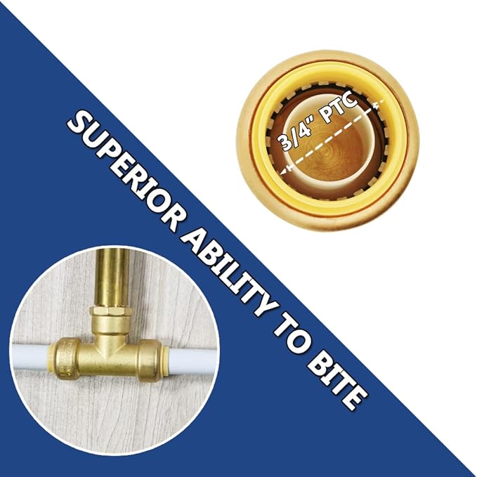 HQMPC Pex Fittings Tee Female 3/4" No Lead Push Fit Female Plumbing Tee Push-to-Connect Plumbing Fitting Brass Pipe Connector T Fit for Copper PEX CPVC 6Pcs