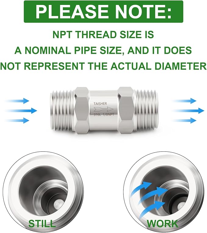 TAISHER 1PCS 316L Stainless Steel 1/8" NPT Male Check Valve,Backflow Prevention,One Way Non-Return Check Valves