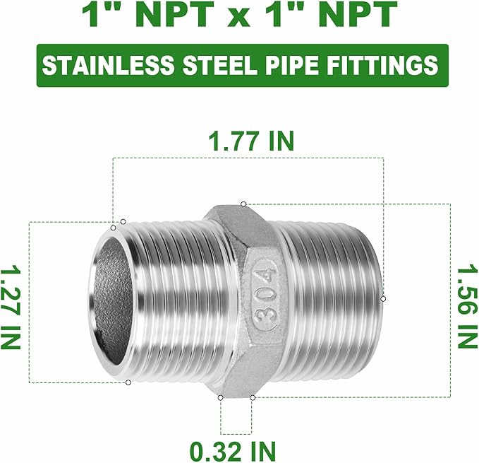 TAISHER 5PCS Cast 304 Stainless Steel Hex Nipple, Pipe Fitting 1-Inch Male Pipe x 1-Inch Male Pipe