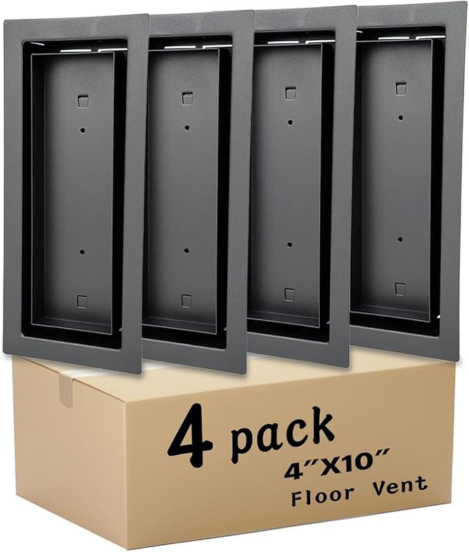 4 Pack 4x10 inch Floor Register, Heavy Duty Steel Floor Vent Covers, Modern Drop-in Floor Register for Tile, Wood and Other Flooring Inserts, Black