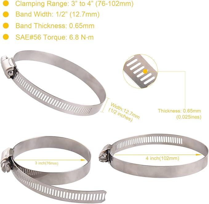 Winlong 3.5'' Stainless Steel Hose Clamps, 8PK SAE 56 Worm Gear Drive Hose Clamps Clamping Range 3 to 4 Inch (76-102mm) for Automotive Plumbing, 3 1/2'', 3 3/4'', 3 1/4'' Clamps