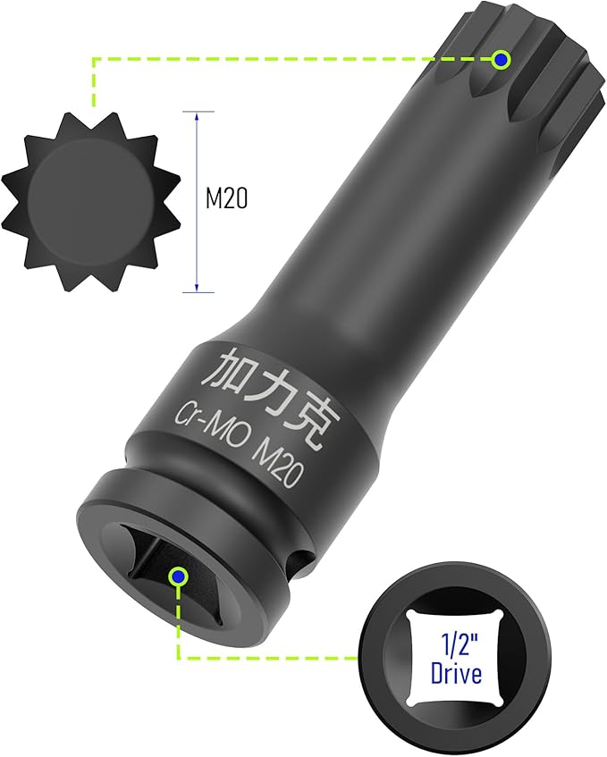 1/2-Inch Drive x M20(20mm） Impact XZN Triple Square Spline Bit Socket, Metric Lengthen Screwdriver Socket Adapter, 3-Inch Length, CR-MO Steel, One-Piece Construction, Black