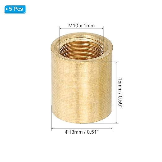 PATIKIL Lamp Pipe Brass Coupling Nut, 5 Pcs 15mm Long M10 Fine Round Thread Sleeve Lamp Pipe Adaptor Rod Connector Hardware for Light Fixture Assembly or Repair, 13mm OD.