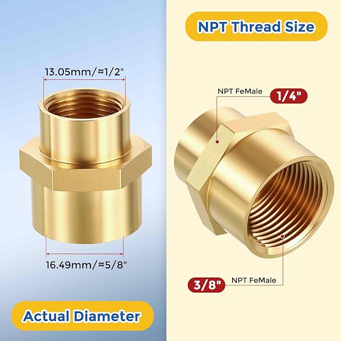 2 Packs Brass Pipe Fittings, 3/8" FeMale NPT to 1/4" FeMale NPT Brass Coupling, Coupler Hex Head Connectors for Air, Oil, LP, Gas