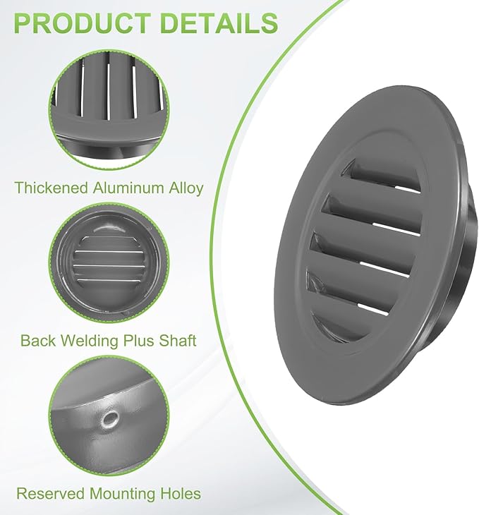 PATIKIL 4.6" Round Air Vent, Louver Grille Cover Aluminum Alloy Soffit Vent HVAC Ventilation for Ceiling Wall Roofing Bathroom Kitchen Garage Duct Shed Garage, Dark Gray
