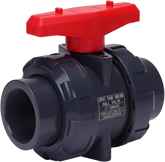 DERNORD PVC True Union Ball Valve NPT Threaded with Full Port, EPDM O-Rings, and Reversible PTFE Seats, Rated at 200 PSI (2 Inch NPT Threaded)