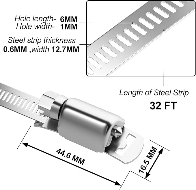 GASHER 32FT 304 Stainless Steel Hose Clamps DIY Kit, Metal Strapping with Holes + 25 Stronger Fasteners, Adjustable Pipe Worm Clamps, For Duct, Radiator, Fuel Line, Pool, Pipe