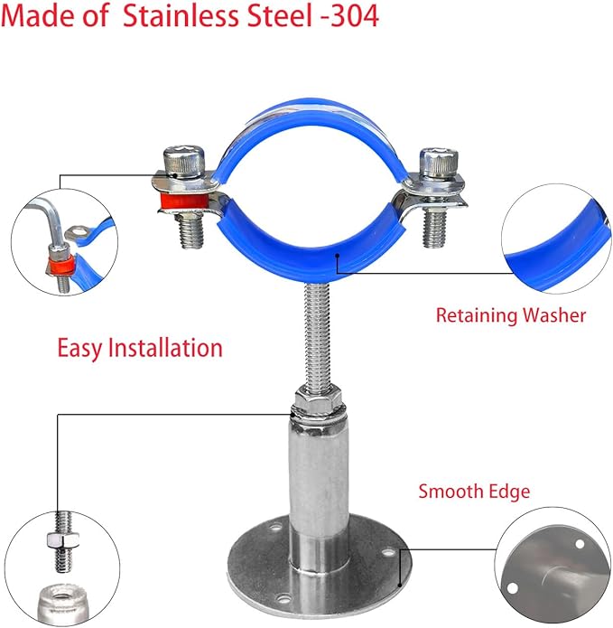 Wall Mount Ceiling Mount Pipe Supports,Adjustable Pipe Clamps 、Hangers、Stainless Steel 304,2PCS Suitable for Pipe OD 70-76mm Adjustable Height 50-100mm