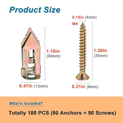 180 PCS Self Drilling Drywall Anchors with Screws Kit, No Drill Needed, 90 Sheetrock Anchors (0.47X1.18inch) and 90 Screws, Heavy-Duty Metal Wall Anchors for Drywall/Decorative Plates/Asbestos Board