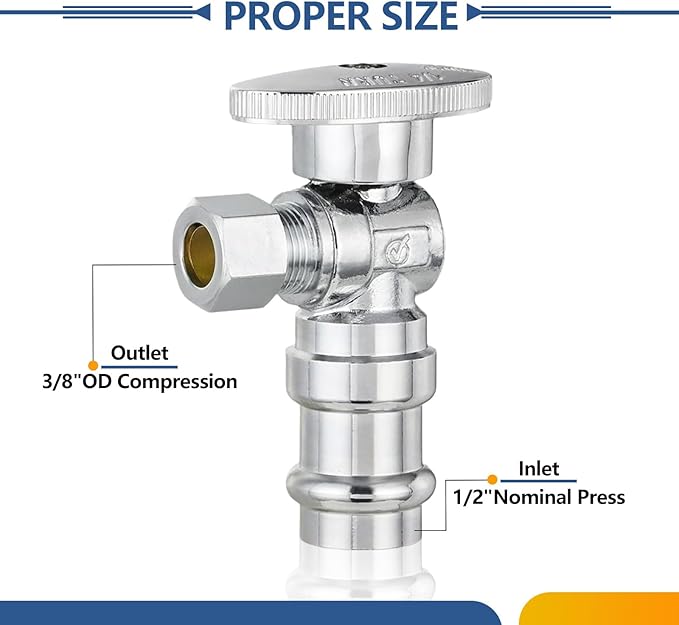 100-Pack GUOFIS Angle Stop Valve,1/2" Nominal Press Inlet x 3/8" OD Compression Outlet,1/4-Turn Shut-off Valve for Potable Water(Chrome Plated)(VALVE393-100Pack)