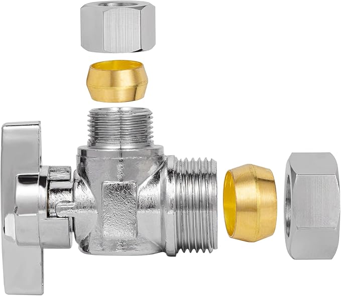 Heavy Duty Angle Stop Valve 1/2" Nom (5/8" OD) Comp x 3/8" OD Comp, 1/4-Turn Operation，High quality lead-free brass (2PCS)