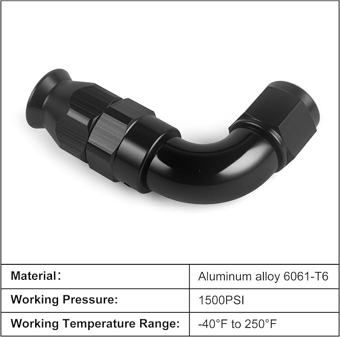 6AN PTFE One Piece Full Flow Hose End Fitting 90 Degree Swivel Only for PTFE Hose Aluminum Black 2PCS