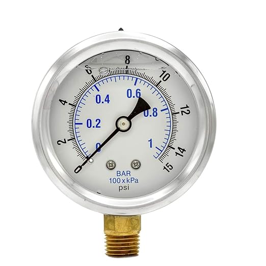 PIC Gauges PRO-201L-254B Bottom Mount Glycerin Filled Dual Scale Pressure Gauge w/ SS Case/Bezel, Brass Internals, Plastic Lens, 2.5" Dial, 0-15 psi Range, 1/4" Male NPT