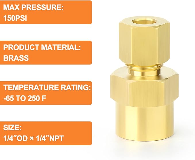 GASHER 10PCS Brass Compression Tube Pipe Fitting Connector, 1/4" Tube OD x 1/4" NPT Female Connector