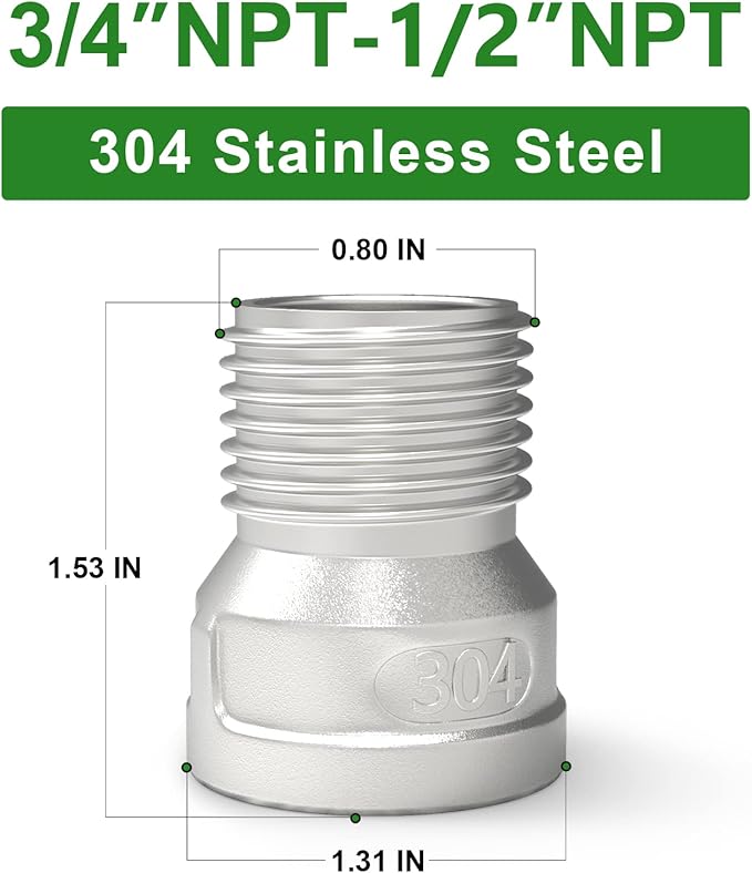 TAISHER 5PCS 304 Stainless Steel Pipe Fitting, Reducer Adapter, 1/2" Male NPTx 3/4" Female NPT
