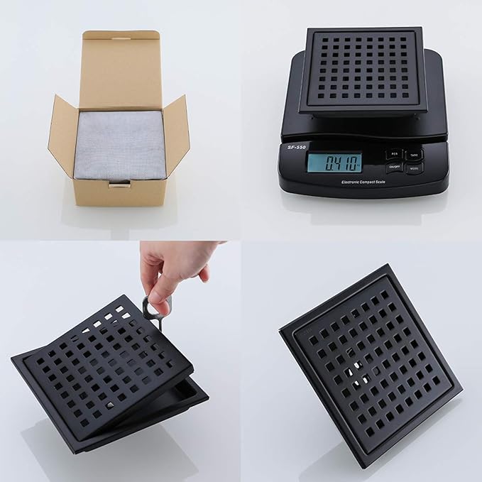 Square Shower Drain 6", SUS 304 Stainless Steel Floor Drain with Grid Drain Cover & Hair Strainer, Matte Black