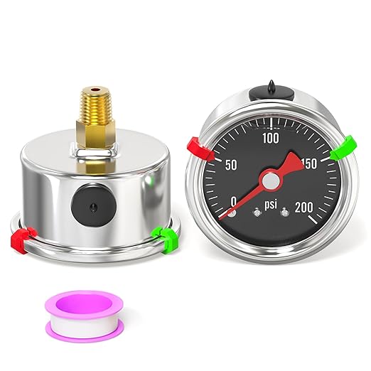 0-200PSI Stainless Steel Glycerin Filled Pressure Gauge 1.5" Black Dial Size, 1/8" NPT Back Mount, for Tube, Water Pump, Gas, Liquid, Pressure Test (with Range Mark Pointer)