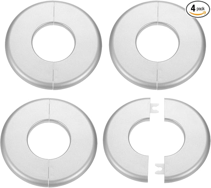 HARFINGTON 4pcs Wall Split Flange 44mm/1.7" Self-Adhesive Plumbing Cover Plates ABS Plastic Round Escutcheon Plate Buckle Design for Water Pipe Bathroom Kitchen Decoration, Silver Tone