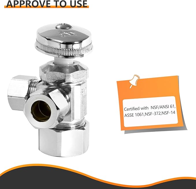 HeSun 100-PCs Pex Angle Stop Valve, 1/2" Nominal (5/8"OD) x 3/8" OD Comp, 3-Way Multi Turn Compression Angle Stop, PEX Chrome Plated Brass