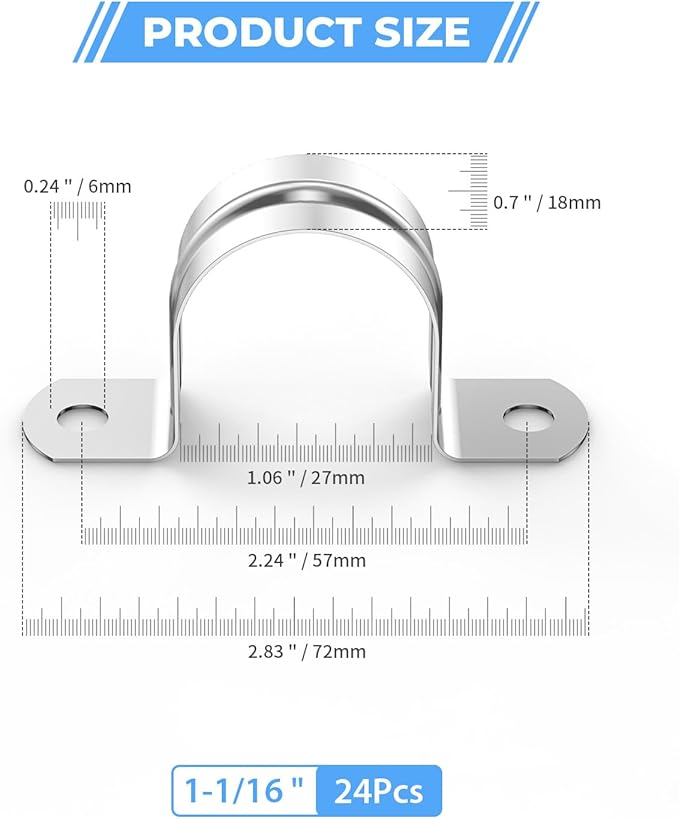 24Pcs 1 1/16 Inch (27mm) 304 Stainless Steel Conduit Clamps, U-Tube Strap Pipe Clamp 2 Hole Strap U Bracket Rigid Pipe Metal Conduit Strap Tension Clips U-tube Clamp