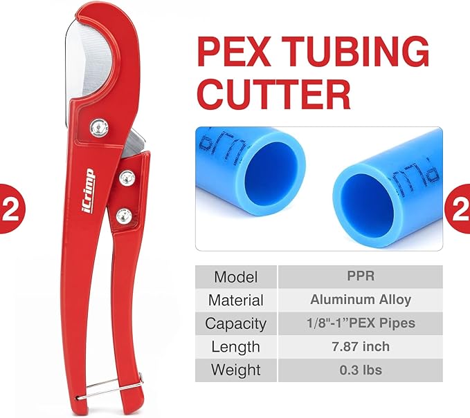 iCRIMP KIT-1096D PEX Clamp Tool Kit for 3/8 to 1 inch PEX Cinch Clamps, with 20pcs 1/2 inch & 10pcs 3/4 inch PEX Cinch Clamp Rings, PEX Tubing Cutter, All-in-one PEX Crimping Tool Kit