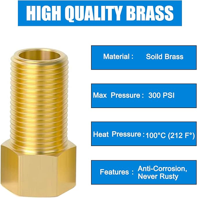 1/2" Brass Pipe Fitting, 1/2" Female to 1/2" Male Pipe Extension Fittings Connector for Tub Spout/Shower, Hex Bushing Converter Adapter, Length 30MM/40MM/50MM/70MM/100MM (5pcs) with Teflon Tape (2pcs)