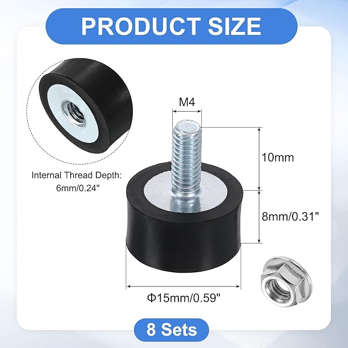 uxcell M4 Rubber Mounts, 8Pcs 15x8mm(DxH) Rubber Cylindrical Anti Vibration Isolator Shock Absorber with Lock Nut for Car Bobbin Generator Air Compressors