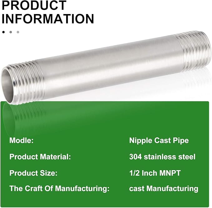 TAISHER 2Pcs Stainless Steel Pipe Fittings, 1/2" NPT x 1/2" NPT Male Threaded, 6" Length Nipple Cast Pipe