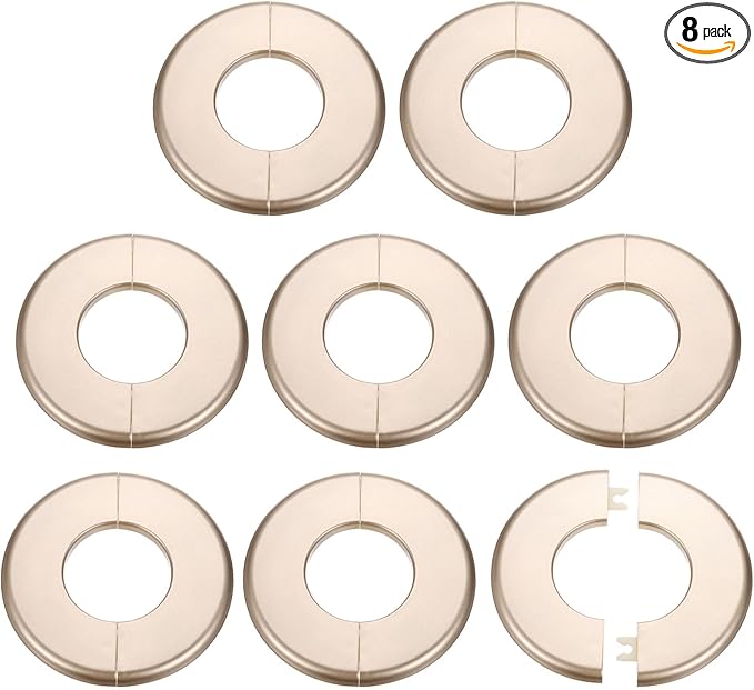 HARFINGTON 8pcs Wall Split Flange 51mm/2" Self-Adhesive Plumbing Cover Plates ABS Plastic Round Escutcheon Plate Buckle Design for Water Pipe Bathroom Kitchen Decoration, Gold Tone