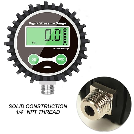 Digital Air Pressure Gauge with 1/4'' NPT Bottom Connector and Rubber Protector, 5-200psi Tire Pressure Gauge, Accuracy 1% F.S.