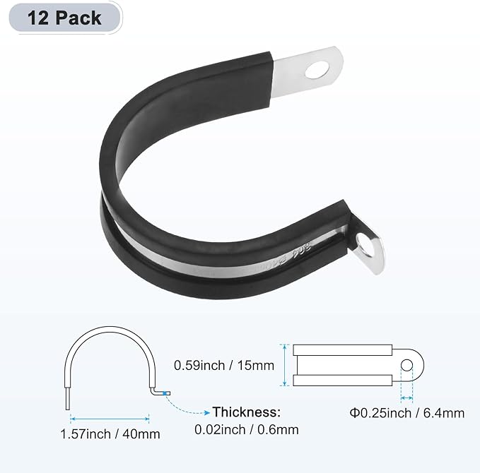 12-Pack Cable Clamps, 1-9/16 Inch/ 40 mm 304 Stainless Steel Rubber Cushioned Insulated Cable Clamp R Shape Metal Holder for Tube/Wire/Pipe/Loop Installation