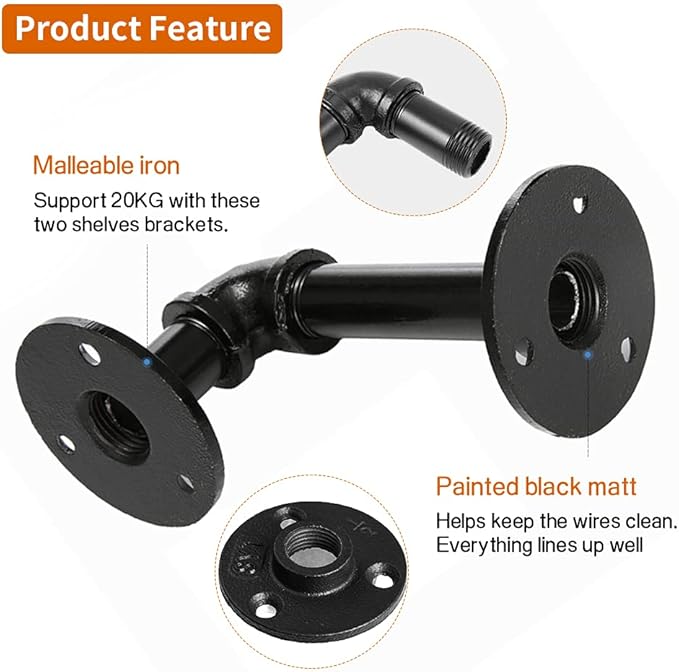 Janyang Industrial Pipe Shelf Brackets for 8 10 12 14 inches Board, Iron L Pipe Floating Shelves, Heavy Duty Metal Shelving Brackets - 4 Pack Black
