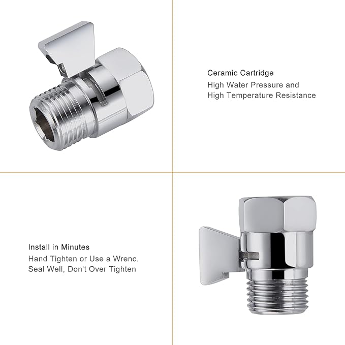 Angle Brass Shut Off Valve for Handheld Shower, Water Pressure Regulator Replacement, Chrome