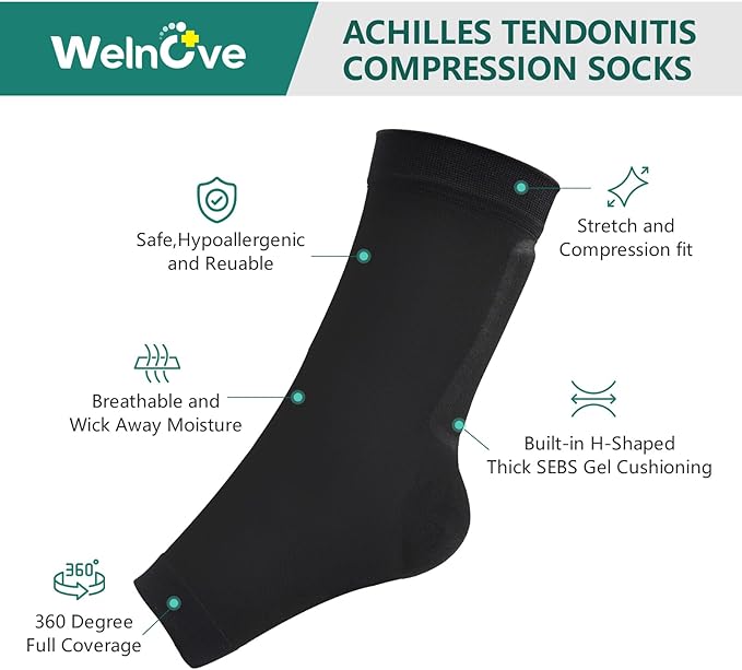 Welnove Achilles Tendonitis Heel Protector Sleeves H-Shape Achilles Tendon Support Compression Gel Padded Sleeve Socks for Cushion of Bursitis, Tendonitis, Tenderness, Dry Cracked - X-Large