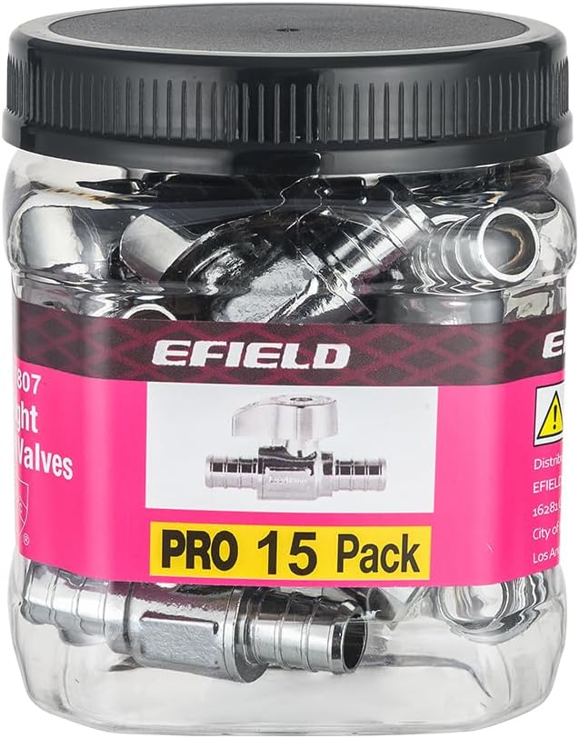 Pro 15-Pack EFIELD 1/4-Turn Straight Stop Valve, Pex Crimp 1/2" X 1/2" Pex, Chrome Plated LF Brass, ASTM F1807, Heavy Duty,(VALVE383)