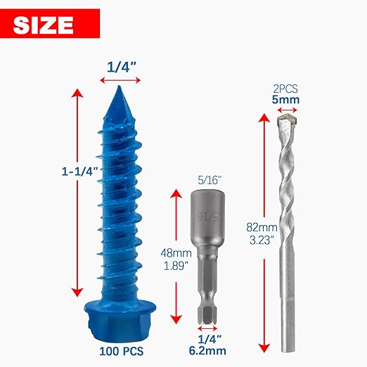 100Pcs 1/4" x1-1/4 Concrete Screws with Drill Bit, Hex Head Concrete Cement Screws Anchor Assortment Kit for Masonry, Block Brick or Stucco