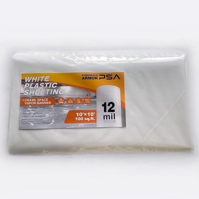 Crawl Space Vapor Barrier, 12 mil 10'x10', White Heavy Duty Plastic Sheeting - Thick Polyethylene Film, 12mil Crawlspace Liner, Drop Cloth Vapor Barrier Covering for Crawlspace and Basement