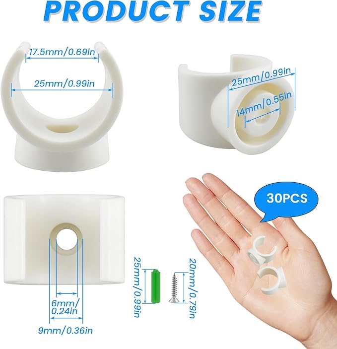 SDTC Tech 30 Pack 1 Inch PEX Pipe Clamp Clip, 25 mm U Hook PEX Tubing Clamps Hangers PVC Water Pipe Support Holder Bracket Socket, White Plastic Clips Hangers (Fasteners Included)