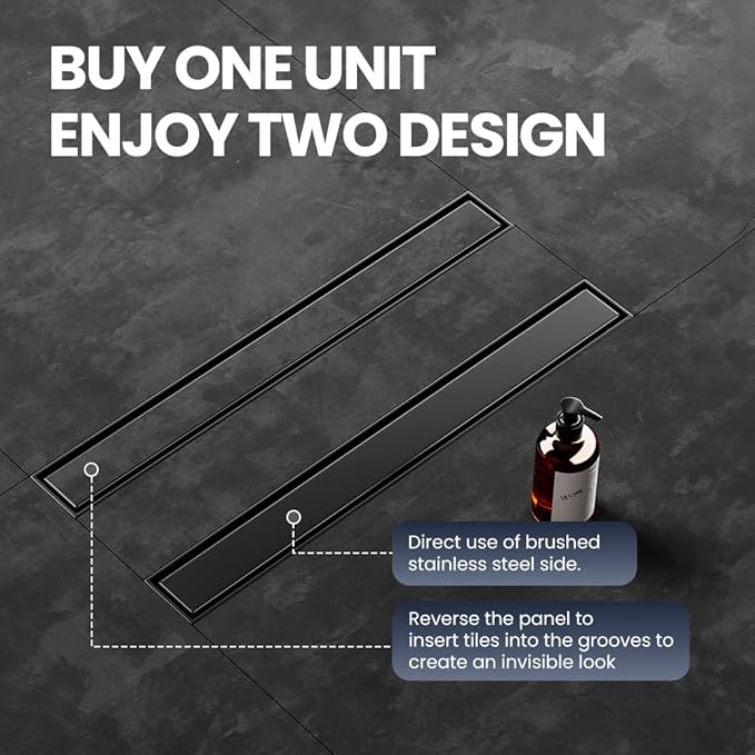 Linear Shower Drain 28 Inch Black, Brushed AISI 304 Stainless Steel Shower Drain with 2-in-1 Tile Insert Panel, for Bathroom, Kitchen, Garage & More