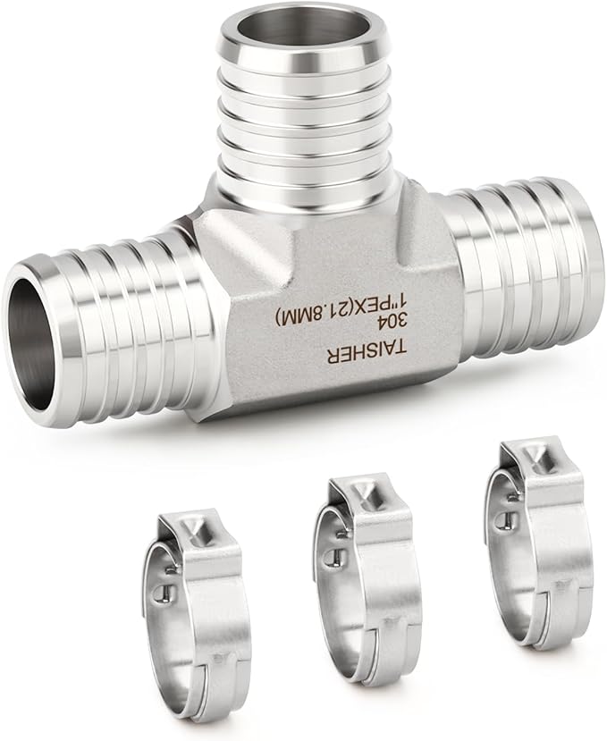 TAISHER 1PCS 304 Stainless Steel Tee Pex Fittings, 1" Pex Fitting With 3PCS Hose Clamp For Pex Tubing Pipe