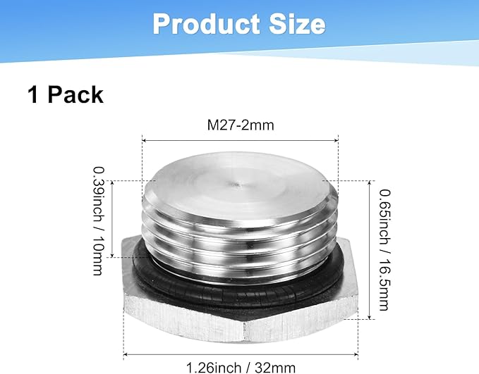 1-Pack Outer Hex Head Thread Pipe Plug Fitting, M27x2mm Male 304 Stainless Steel Solid Thread Bung Plug with Sealing Ring for Terminating Pipe Ends
