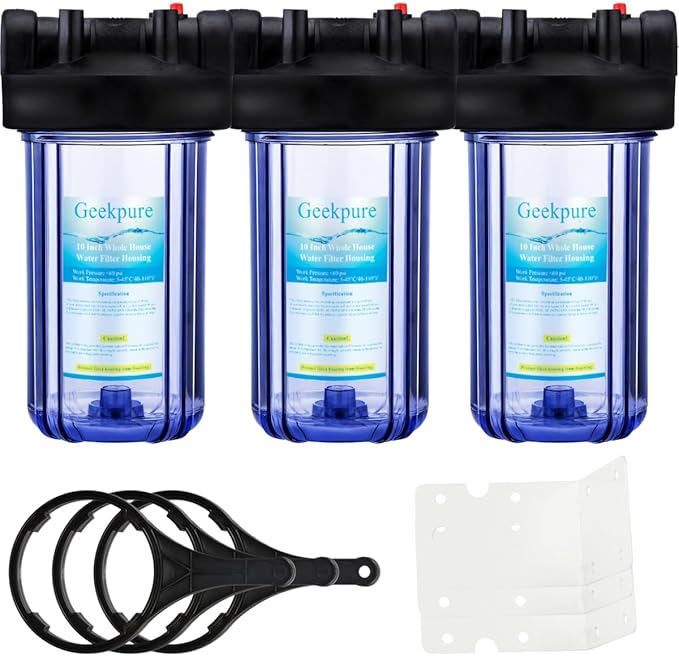Geekpure 10 Inch Water Filter Housing for Whole House Water Filtration with Wrench Bracket -1" Port-Clear -4.5" x 10"-Pack of 4