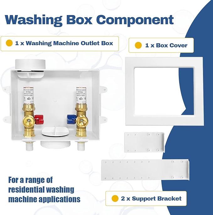 50-PACK GUOFIS Washing Machine Outlet Box with Copper Water Hammer Arrestor, PEX Laundry Washer Box with Central and Side Drain Design(1/2"CPVC Connection Inlet X 3/4"MHT Outlet)(WM014-50Pack)