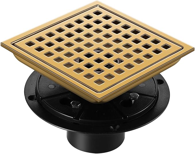 Shower Drain, Brushed Gold 6 inch Shower Floor Square Drain with Flange, Removeable Grid Panel SUS 304 Stainless Steel Square Shower Drain