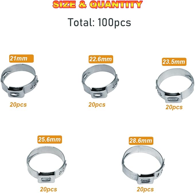 AKIHISA 100Pcs 5 sizes Single Ear Hose Clamps, 21-28.6 mm 304 Stainless Steel Pex Crimp Rings Kit, Crimp Hose Clamp Assortment Set for Securing Pipe Hoses and Automotive Use